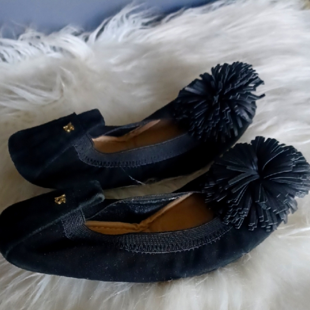 Yosi Samra Suede  Flats with Leather Pom Pom